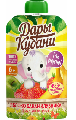 Пюре Дары Кубани Яблоко/Банан/Клубника с 6мес д/п 90г
