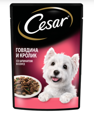 Корм влажный для собак Цезарь Говядина/Кролик/Шпинат в соусе 85г